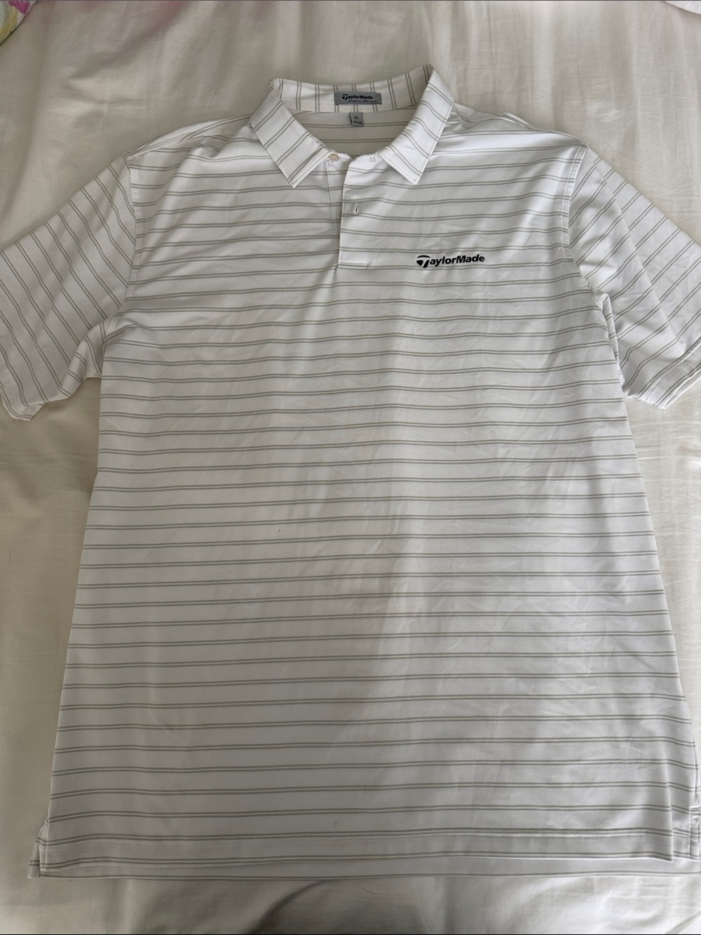 TaylorMade White Polo with Thin Gray Stripes